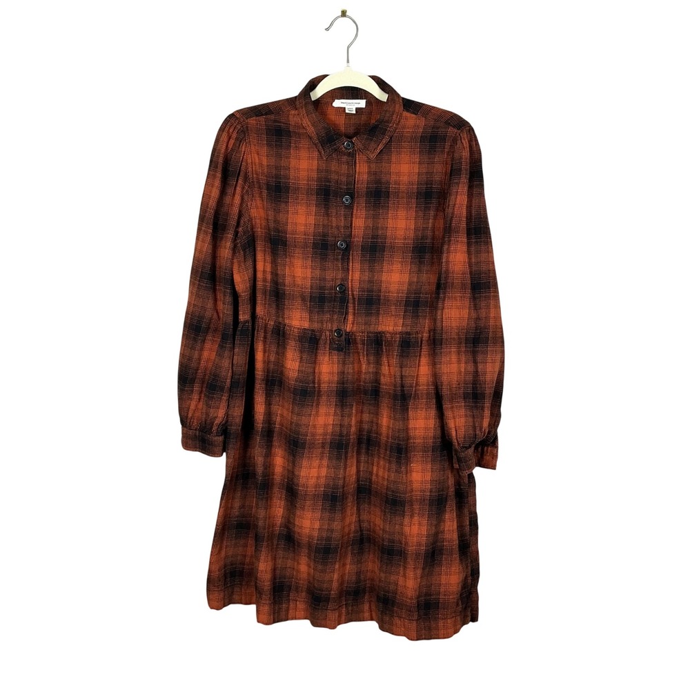 Beachlunchlounge Orange Black Plaid Babydoll Shirt Dress Large